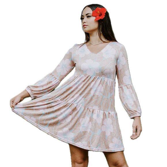 Ola Hou Dresses & Skirts - Ola Hou designs Hawaiian Hibiscus Bubble Sleeves Baby Doll Tiered Dress S